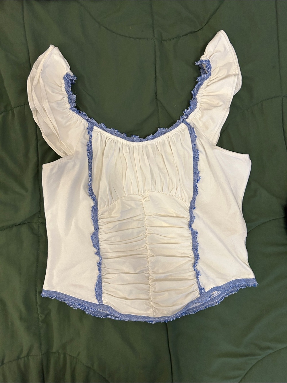 Anthropologie White Tank Top with Blue Frayed Trim